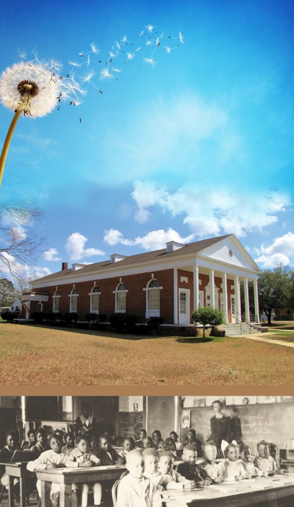 Historic Lincoln Normal Auditorium, campus, and historic photo of classroom,